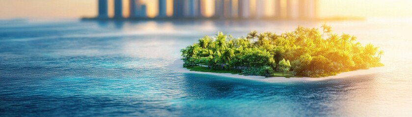 A serene island emerges in turquoise waters, surrounded by a city skyline, radiating tranquility and natural beauty under a warm glow.
