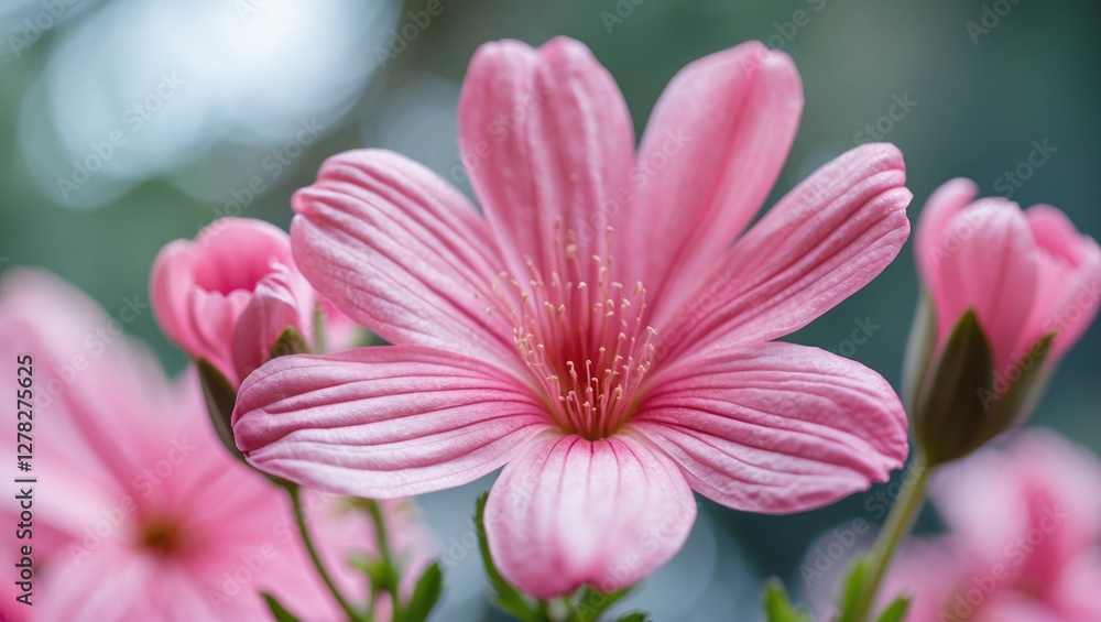 Poster close-up image of delicate pink flower with soft focus and empty space for text overlay