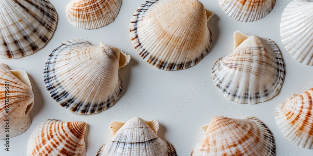Poster colorful sea shells arranged harmoniously on a white background with space for text or design elemen