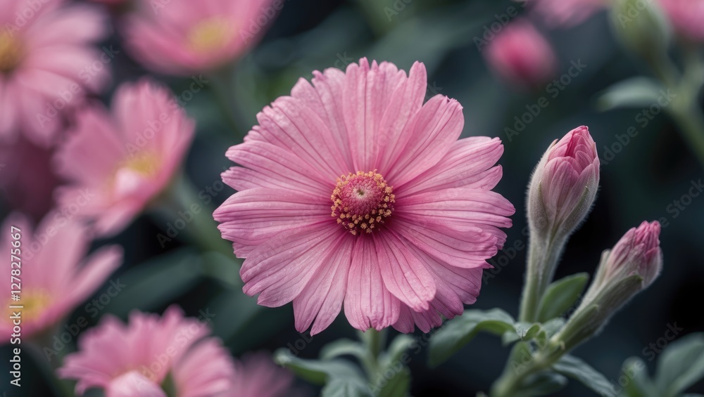 Poster close-up view of delicate pink flower with soft focus background and space for text or design elemen