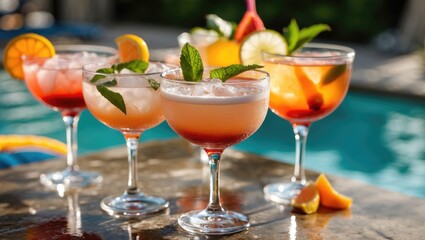 Fototapeta premium Vibrant Cocktails Garnished With Fresh Fruits and Mint by the Poolside on a Sunny Day