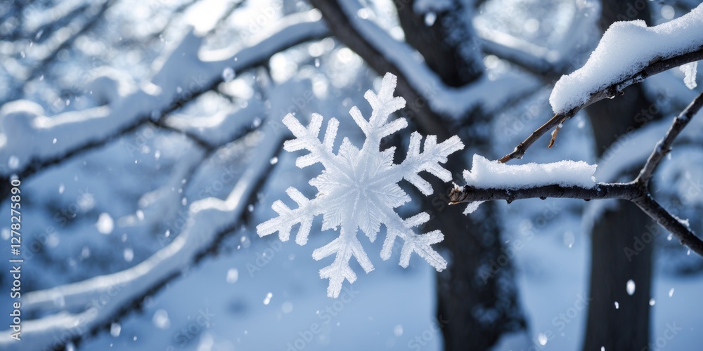 Poster closeup of intricate snowflakes on a tree branch with soft winter light creating a serene atmosphere