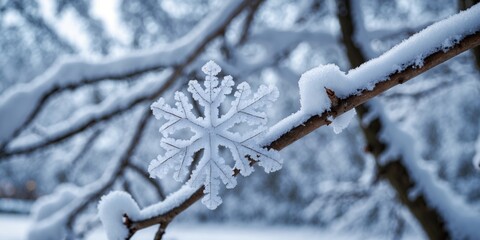 Delicate Snowflake Resting on a Branch with Frosty Background in Winter Nature Scene Ideal for Seasonal Text Overlay and Design