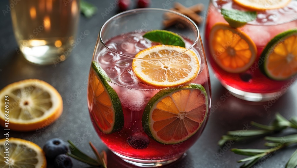Poster sparkling sangria with citrus slices refreshing summer drink closeup with empty space for text or br