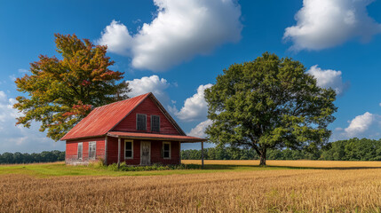 Obraz premium Vintage Fieldhouse Amidst Autumnal Colors: A Rural Rustic Charm