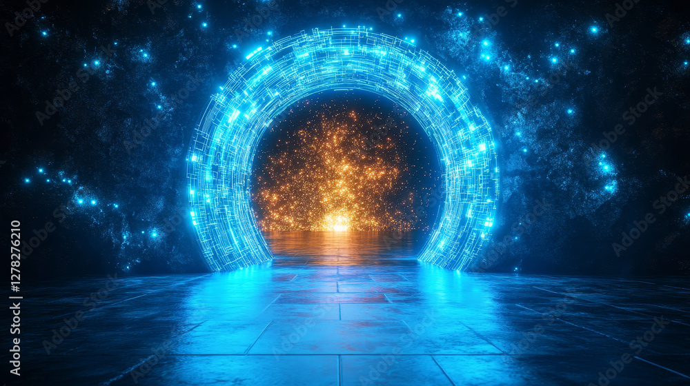 Aufkleber futuristic open door with digital technology neon light pattern on wall. realistic 3d vector illustr