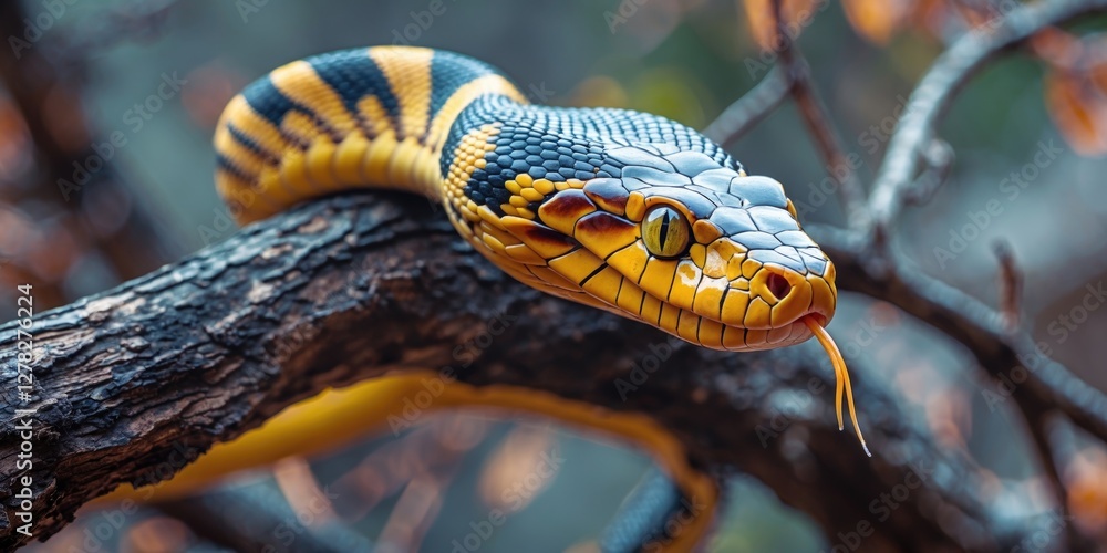 Poster vibrant viper snake coiled on branch with striking patterns and colors in nature setting