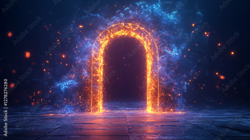 Poster futuristic open door with digital technology neon light pattern on wall. realistic 3d vector illustr
