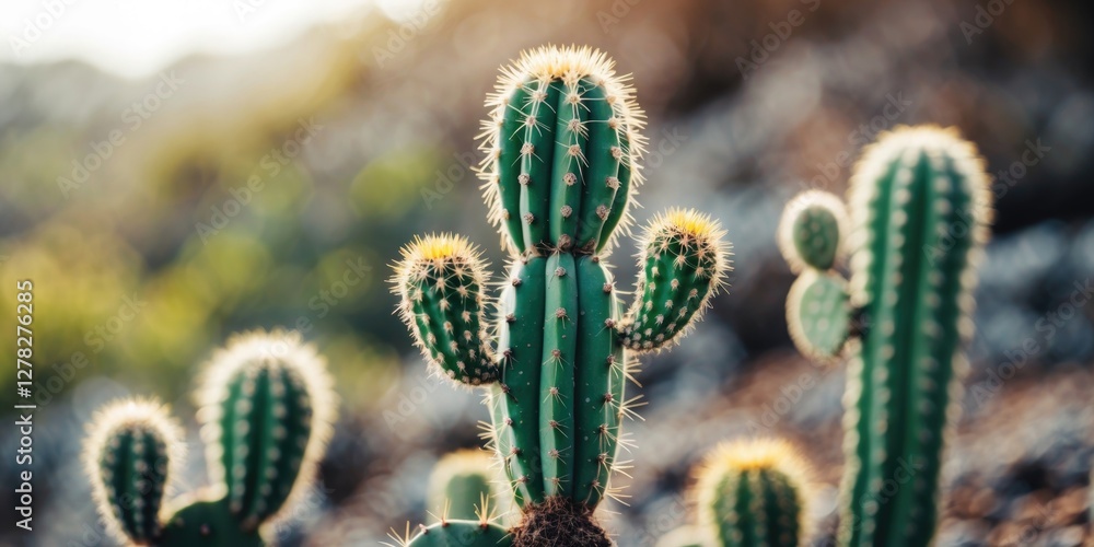 Poster closeup of vibrant green cacti in natural setting with soft bokeh background and ample empty space f
