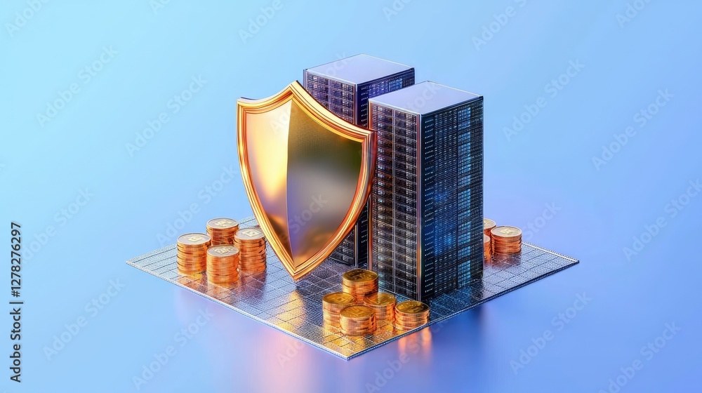 Poster concept of digital security with a glowing shield symbol and servers, emphasizing secure information