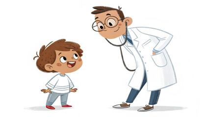 Obraz premium cartoon vector illustration shows smiling medical people, doctor with stethoscope, and child patient in a hospital health scene