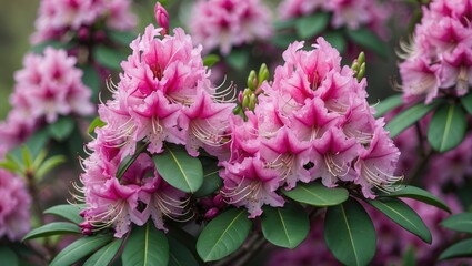 Fototapeta premium Closeup of Vibrant Pink Rhododendron Flowers Showcasing Lush Foliage in a Summer Garden Setting. Perfect for Floral Nature Themes.