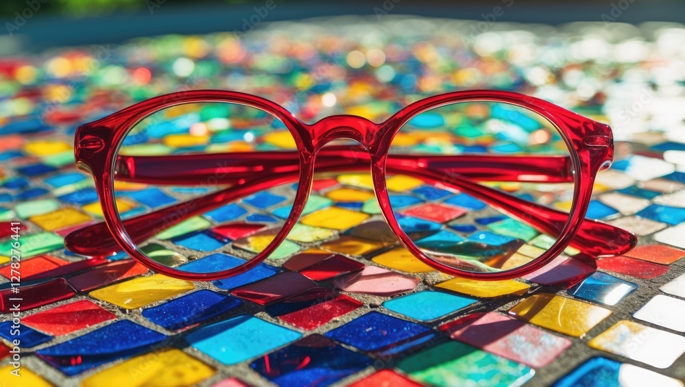 Poster closeup of vibrant red eyeglasses resting on a colorful mosaic surface with sunlight highlighting th