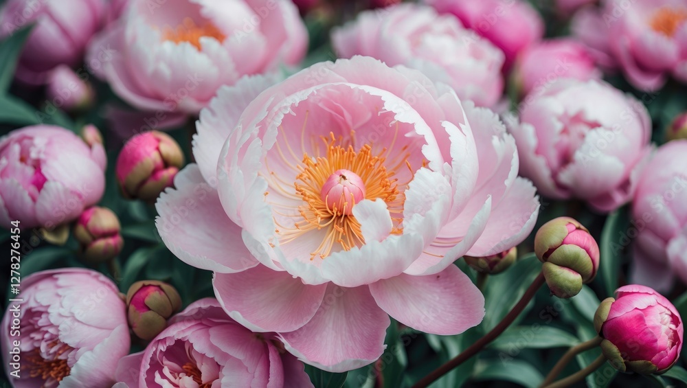 Poster elegant closeup of peony flowers in bloom with soft blurred background and clear copy space for text