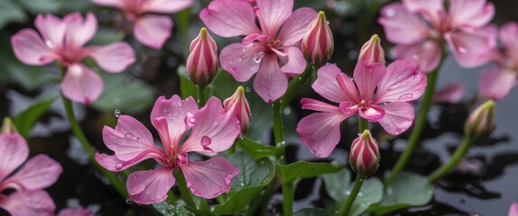 Closeup of vibrant pink flowers of water pepper plant with delicate petals and lush green leaves glowing with moisture.
