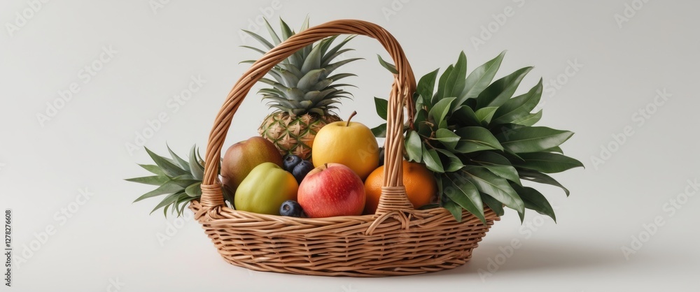 Poster wicker basket filled with fresh fruits including pineapple apples and citrus set on light background