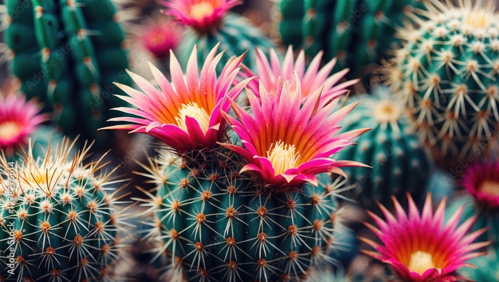 Poster colorful cactus flowers with sharp spines in natural setting featuring background for text overlay a