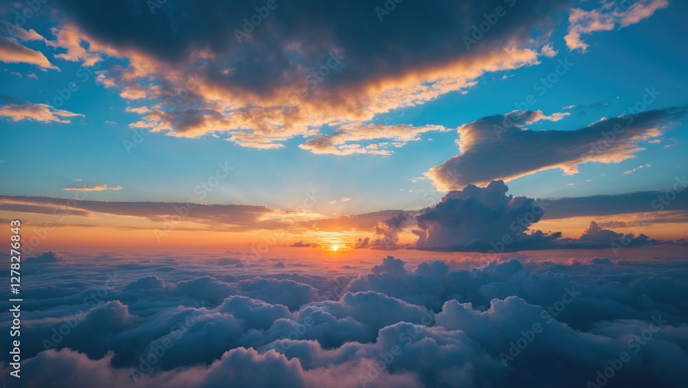 Poster vibrant sunset over fluffy clouds and blue sky with empty space for text and design elements in a se