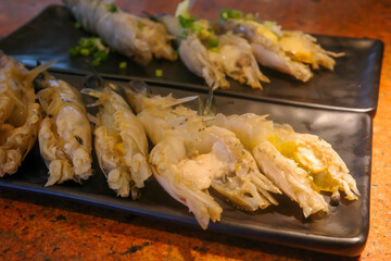 Grilled shrimp, charcoal stove, smoke, grilled