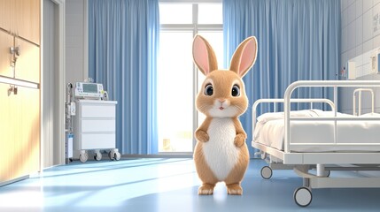 Cute cartoon rabbit doctor standing near a hospital bed, ready to check on a patient.