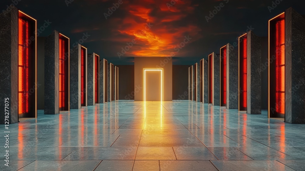 Poster cybersecurity visualization with encrypted servers and a futuristic firewall shield.
