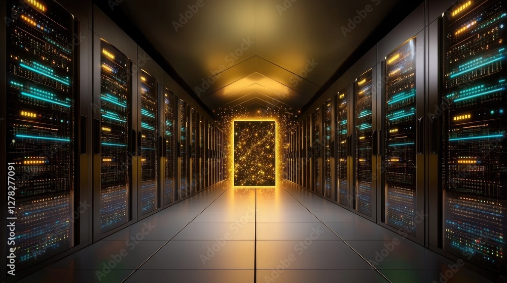 Poster cybersecurity visualization with encrypted servers and a futuristic firewall shield.
