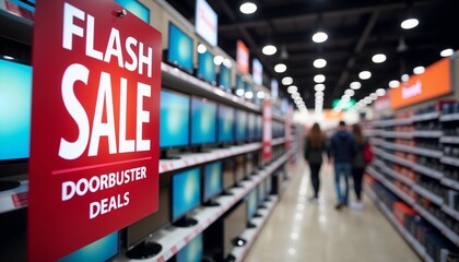 Vibrant retail setup featuring a large Flash Sale sign with bold Doorbuster Deals text in a busy shopping aisle