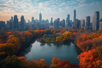 Fototapeta premium Autumn city skyline park lake
