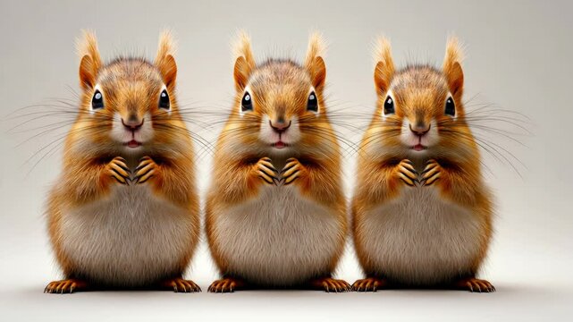 Three squirrels are standing in a row, looking at the camera. The image has a cute and playful mood, as the squirrels seem to be posing for a photo