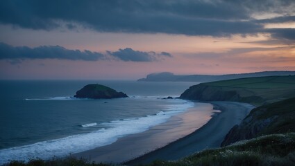 Naklejka premium Serene Coastal Landscape at Dusk with Cloudy Skies and Gentle Waves Overlooking the Shoreline and Rolling Hills