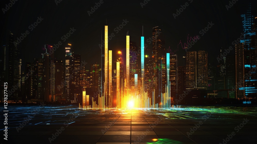 Poster digital finance chart with glowing elements and complex data points displayed on a dark background.