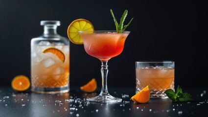 Fototapeta premium Elegant Cocktail Drinks Displayed Against a Dark Background with Fresh Garnishes and Empty Space for Text or Promotional Content