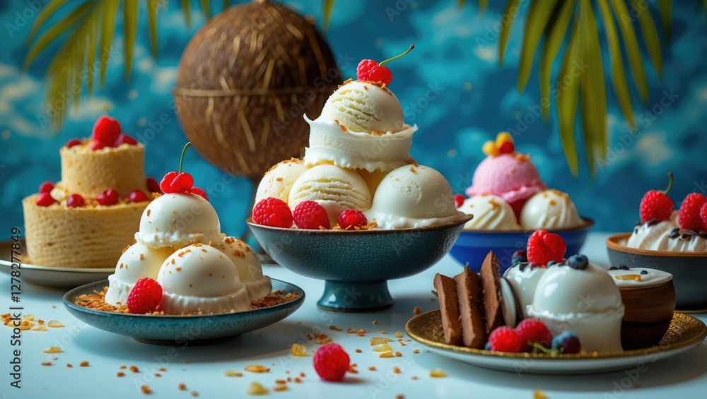 Aufkleber coconut ice cream displayed with assorted desserts on table surrounded by tropical decor and empty s