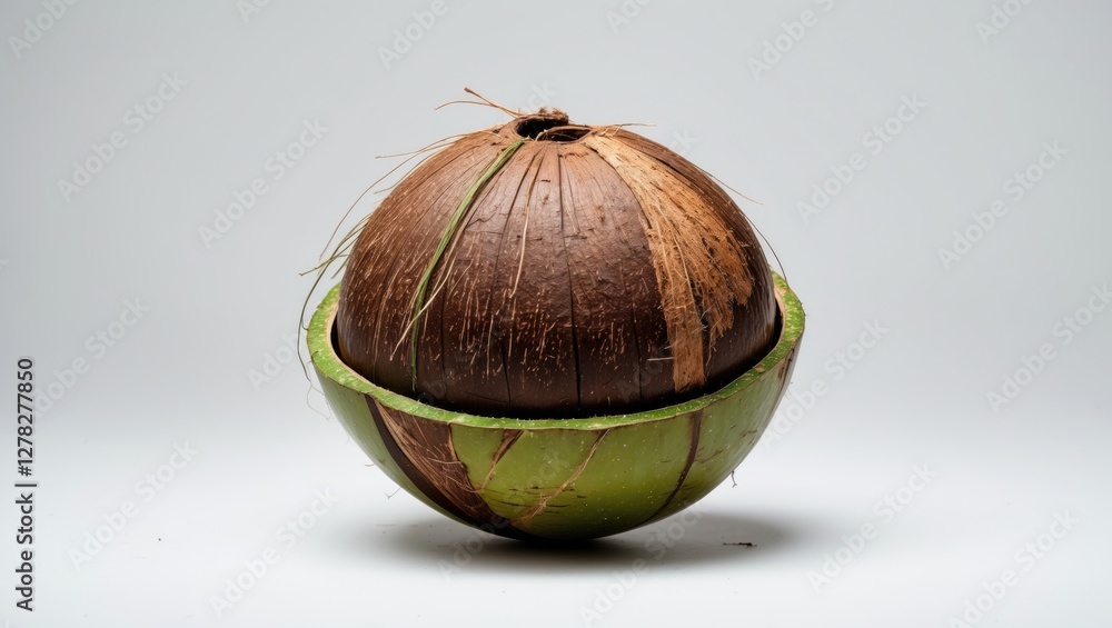 Poster coconut half isolated on white background with space for text or design elements in nutritional conc