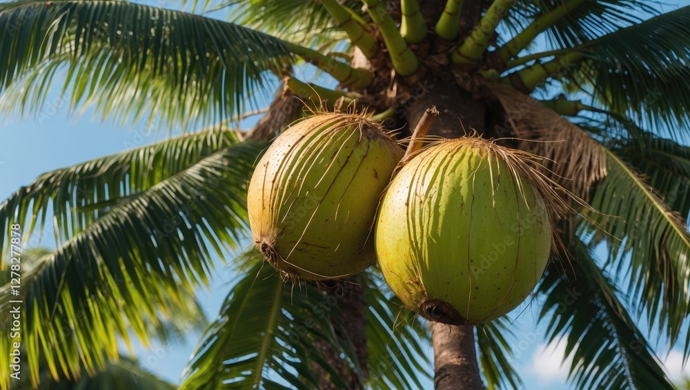 Aufkleber ripe coconuts hanging from a palm tree against a clear sky with space for text or marketing message