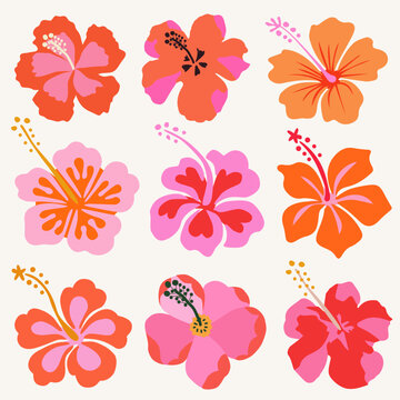 Collection of summer colorful flower elements vector. Set of hibiscus flowers on white background. Hand drawn tropical floral vector for decor, poster, sticker, clipart, print and pattern.