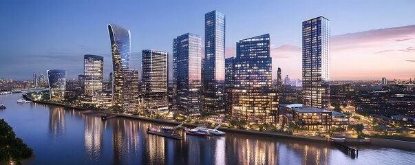Obraz premium A wide-angle view of Canary Wharf skyline at dusk, with towering glass skyscrapers and the river Thames reflecting the city lights
