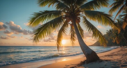 Coconut Palm Tree Silhouetted Against Vibrant Sunset Over Calm Ocean Waves on Serene Beach Paradise Landscape.
