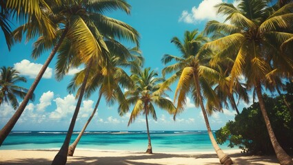 Fototapeta premium Tropical Beach Scene with Coconut Palm Trees and Vibrant Ocean Under a Clear Blue Sky Ideal for Holiday and Vacation Themes
