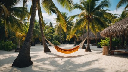 Tranquil Beachfront Hammock Surrounded By Lush Coconut Palms Under A Clear Sky Perfect For Relaxation And Tropical Getaways