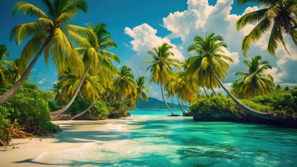 Fototapeta premium Tropical Paradise with Coconut Palm Trees and Crystal Clear Waters Ideal for Background Design and Text Space