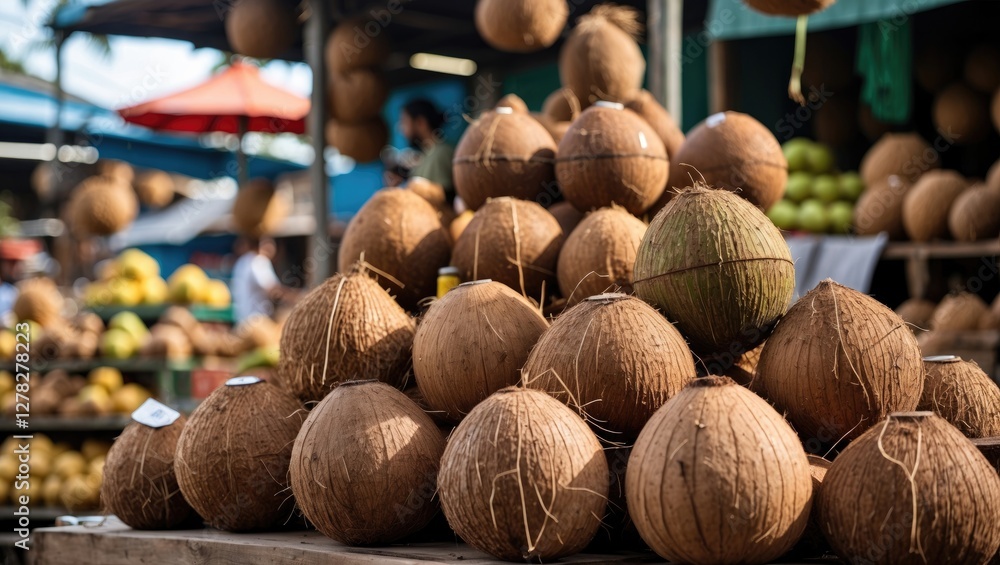 Poster coconuts displayed at local market with fresh produce in background