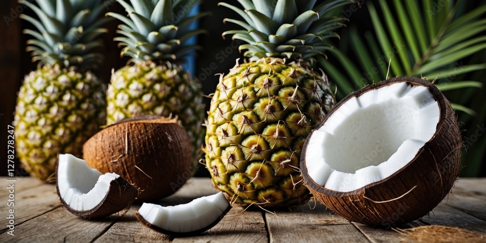 Poster coconuts and pineapples arranged on rustic wood with empty space for text ideal for tropical or culi