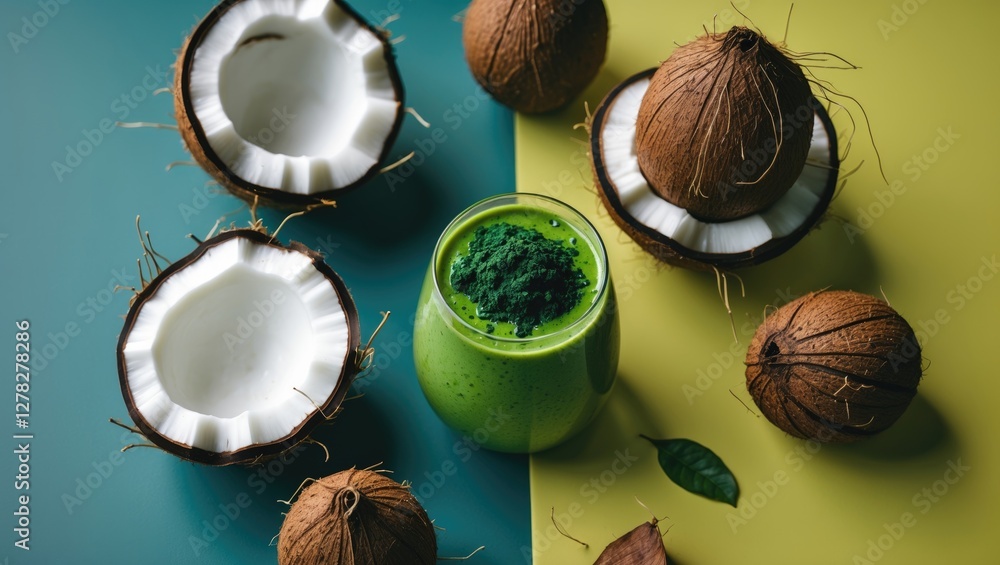 Poster Coconuts Surrounding Spirulina Smoothie In Colorful Setting With Fresh Ingredients And Space For Text Or Promotions