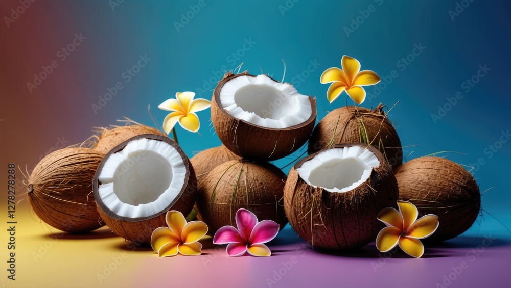 Poster coconuts and plumeria flowers on vibrant background with space for text design elements in tropical 