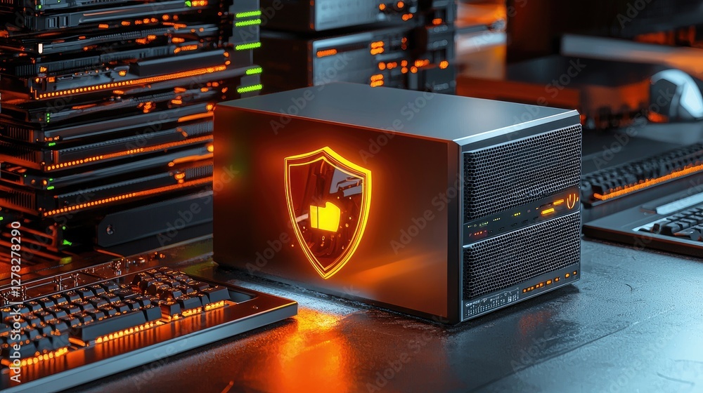 Poster digital security concept with a futuristic server and a glowing shield protecting sensitive data.