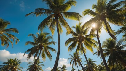 Tropical Coconut Palms Against Vibrant Blue Sky with Sunlight Serenity Perfect for Nature Background and Text Overlay