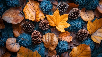 Autumn leaves and pine cones, decorative arrangement, fall background, design inspiration