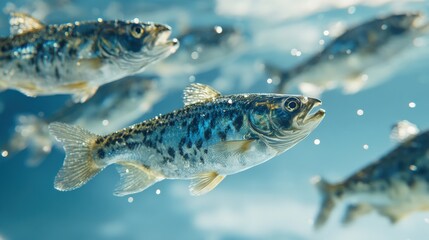 Underwater scene showcasing a school of fish swimming gracefully in clear blue water