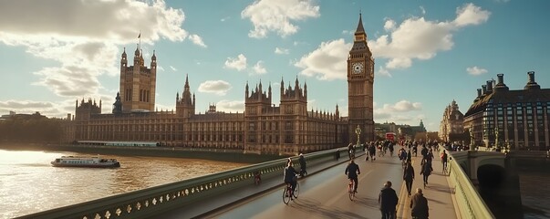A dynamic shot of Westminster Bridge, with cyclists, tourists, and buses crossing, while the towering spires of the Houses of Parliament stand in the background